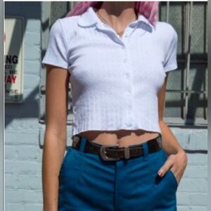 Brandy Melville Cropped Button-up polo Collard Tee shirt White sz S short sleeve